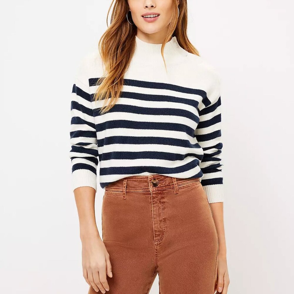 Ann Taylor LOFT Petite Striped Shoulder Button Sweater Off-White Sz M L NWT